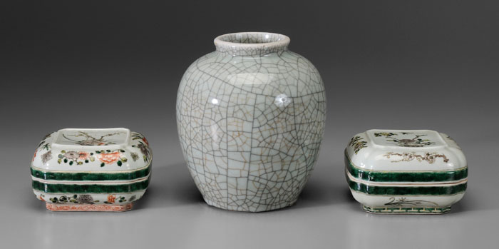 Appraisal: Three Pieces Porcelain Chinese th and th century Ge-type celadon