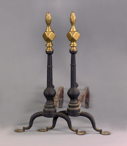 Appraisal: Pair of Philadelphia wrought iron andirons with a faceted ball