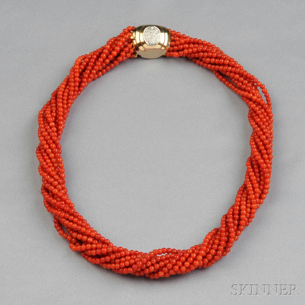 Appraisal: Coral Bead Torsade Necklace composed of ten strands of coral