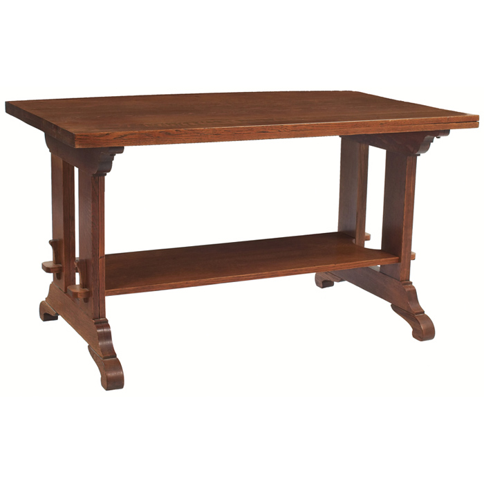 Appraisal: Arts Crafts trestle table rectangular top over a lower shelf