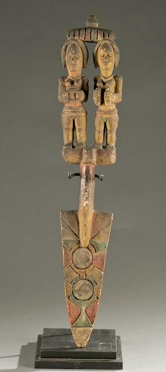 Appraisal: Igbo polychrome staff part th c Two figures mounted as