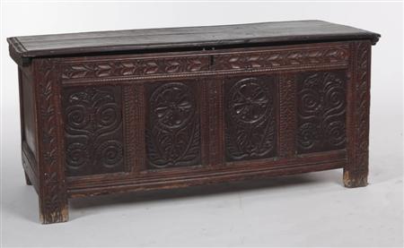 Appraisal: A th century oak coffer the moulded rectangular lid over