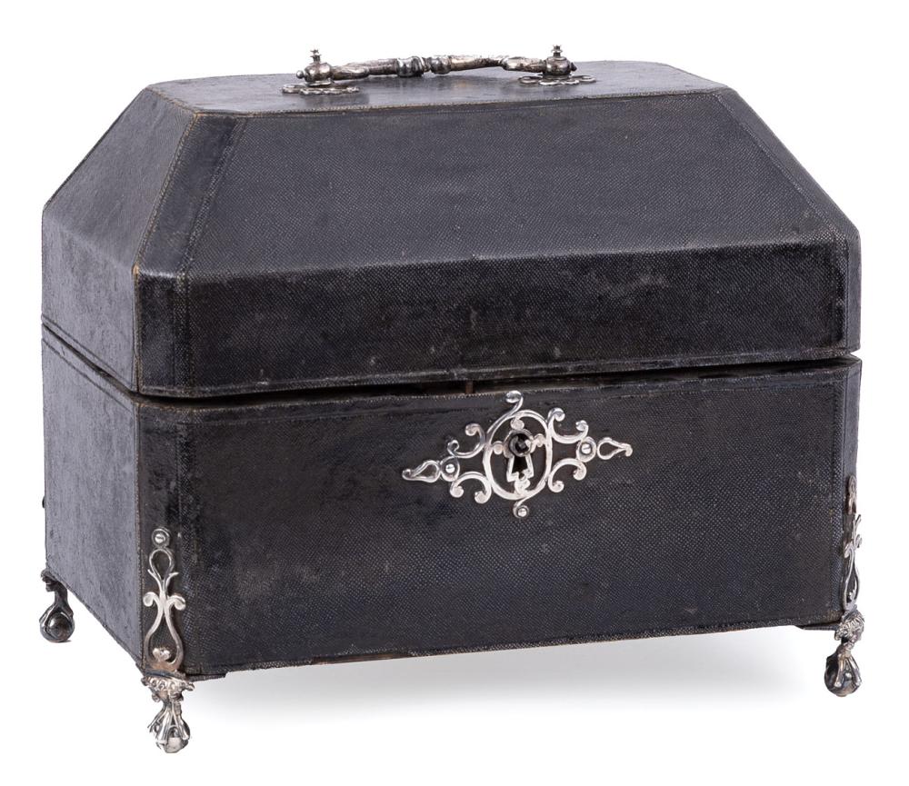 Appraisal: George II Silver-Mounted Shagreen Tea Caddy Case th c canted