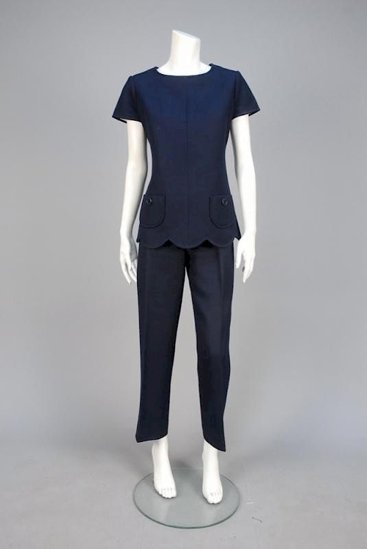 Appraisal: COURREGES PARIS WOOL PANTS ENSEMBLE s Navy blue short sleeve