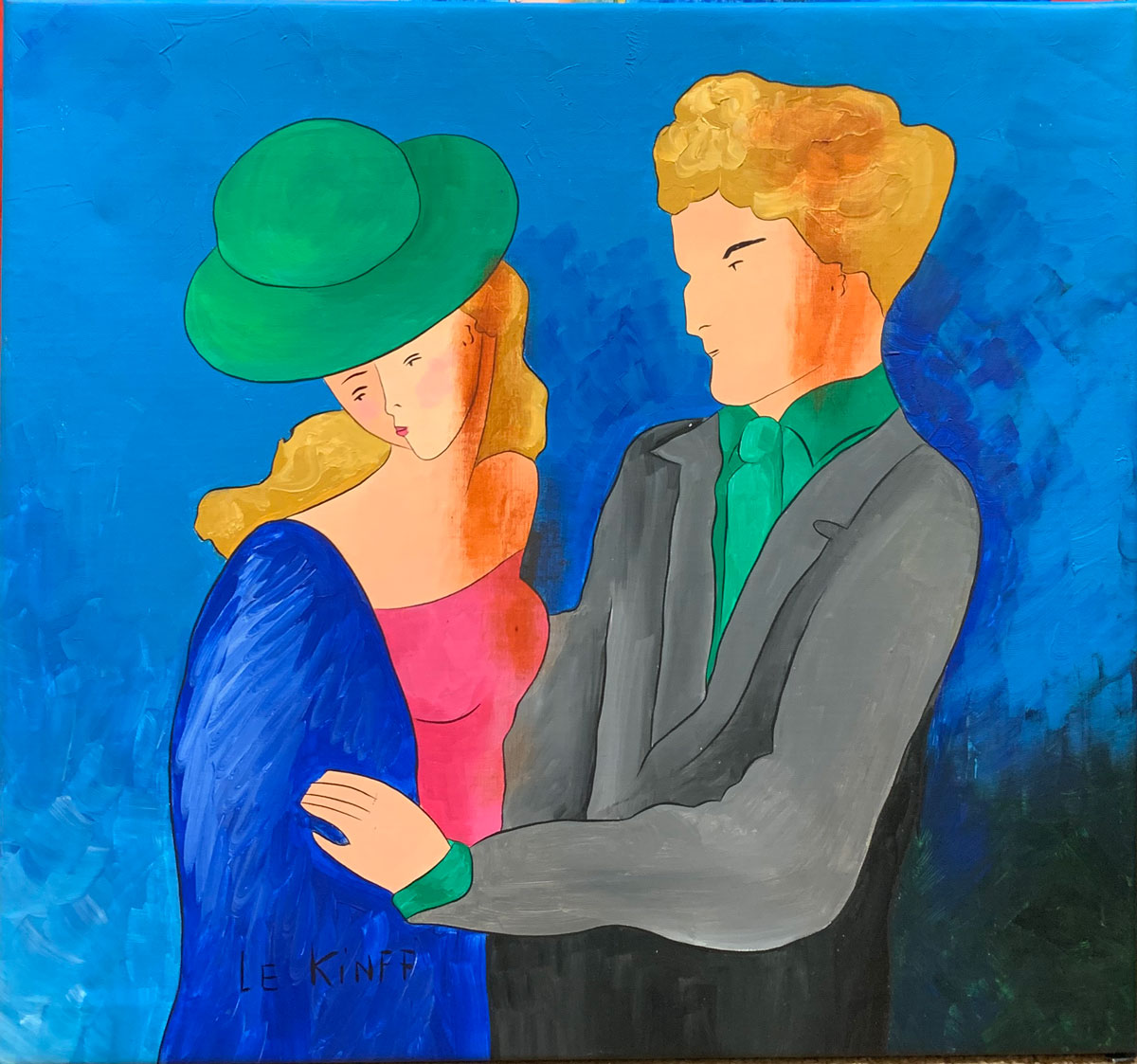 Appraisal: LE KINFF Linda France ''Young Couple Woman in Green Hat''