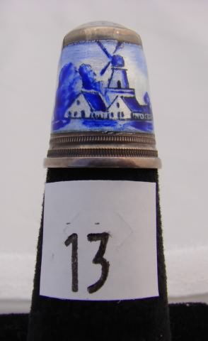 Appraisal: German sterling blue white enamel thimble with stone top