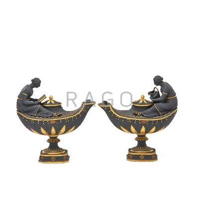 Appraisal: PAIR OF WEDGWOOD BALSALT OIL LAMPS River of Life motif