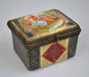 Appraisal: A th century Continental pictorial decorated ceramic casket gilt metal