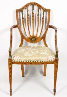 Appraisal: George III polychrome painted satinwood armchair George III polychrome painted