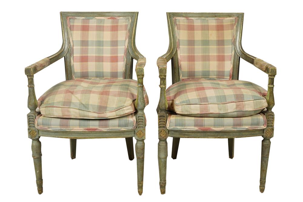 Appraisal: PAIR OF NEOCLASSIC STYLE PAINTED WOOD FAUTEUILSProvenance The Estate of