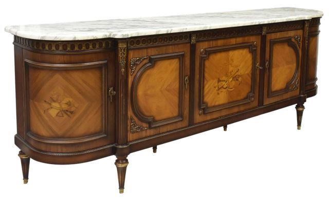 Appraisal: French Louis XVI style marble-top mahogany sideboard attributed to JP