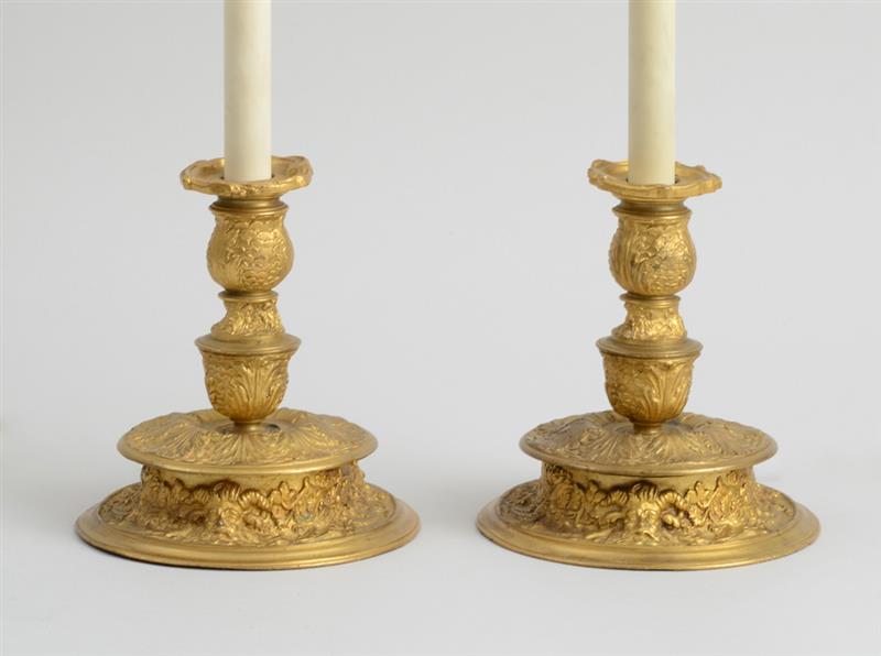 Appraisal: PAIR OF RENAISSANCE STYLE GILT-METAL LOW CANDLESTICKS MOUNTED AS LAMPS