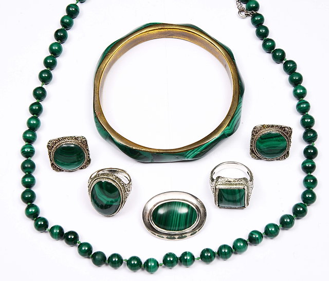 Appraisal: Collection of malachite jewelleryincluding beads a bangle two rings a