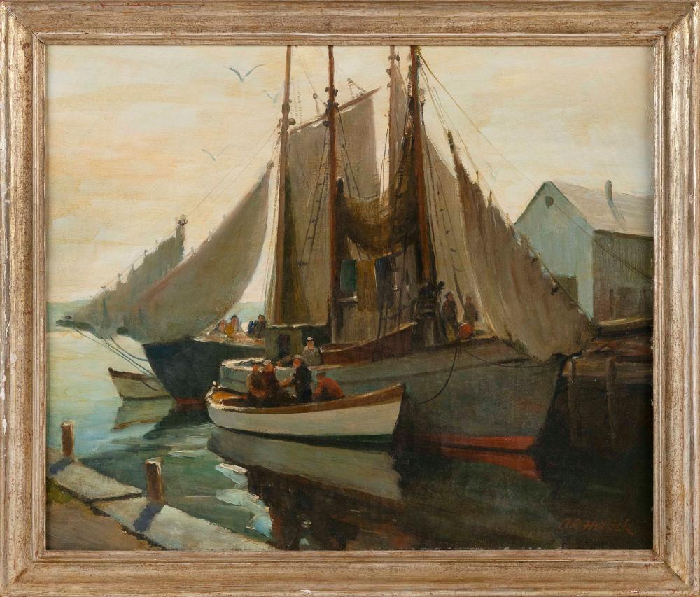 Appraisal: ARTHUR R HERRICK MASSACHUSETTS - DRYING SAILS GLOUCESTER AUGUST OIL