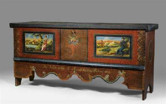 Appraisal: BEMALTE TRUHE Biedermeier Appenzell bez HS JAKOB N F ANNA