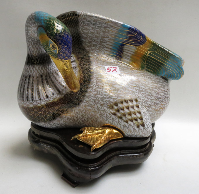 Appraisal: CHINESE LIFE-SIZE CLOISONNE DUCK in preening pose with raised wing