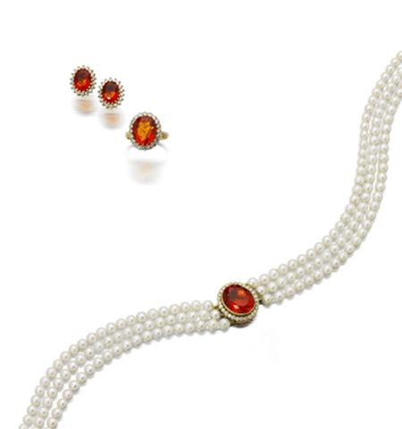 Appraisal: A fire opal diamond and cultured pearl set suite comprising