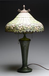 Appraisal: Hampshire Pottery Lamp with Leaded Glass Shade Beautiful matched set