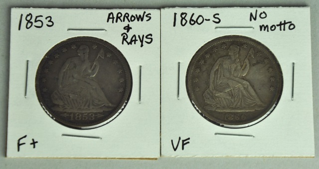 Appraisal: Two Seated Type Half DollarsIncluding with arrows and rays F