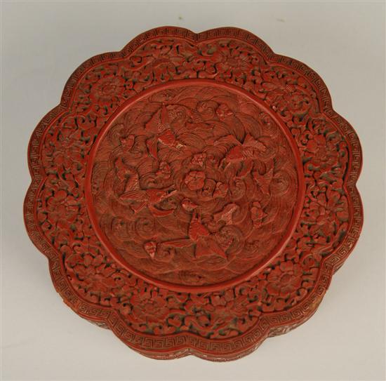 Appraisal: CHINESE CINNABAR LACQUER FOLIATE COVERED BOX th century diameter inches