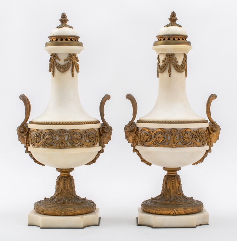 Appraisal: LOUIS XVI NEOCLASSICAL STYLE BRONZE MARBLE URNS PR Pair of