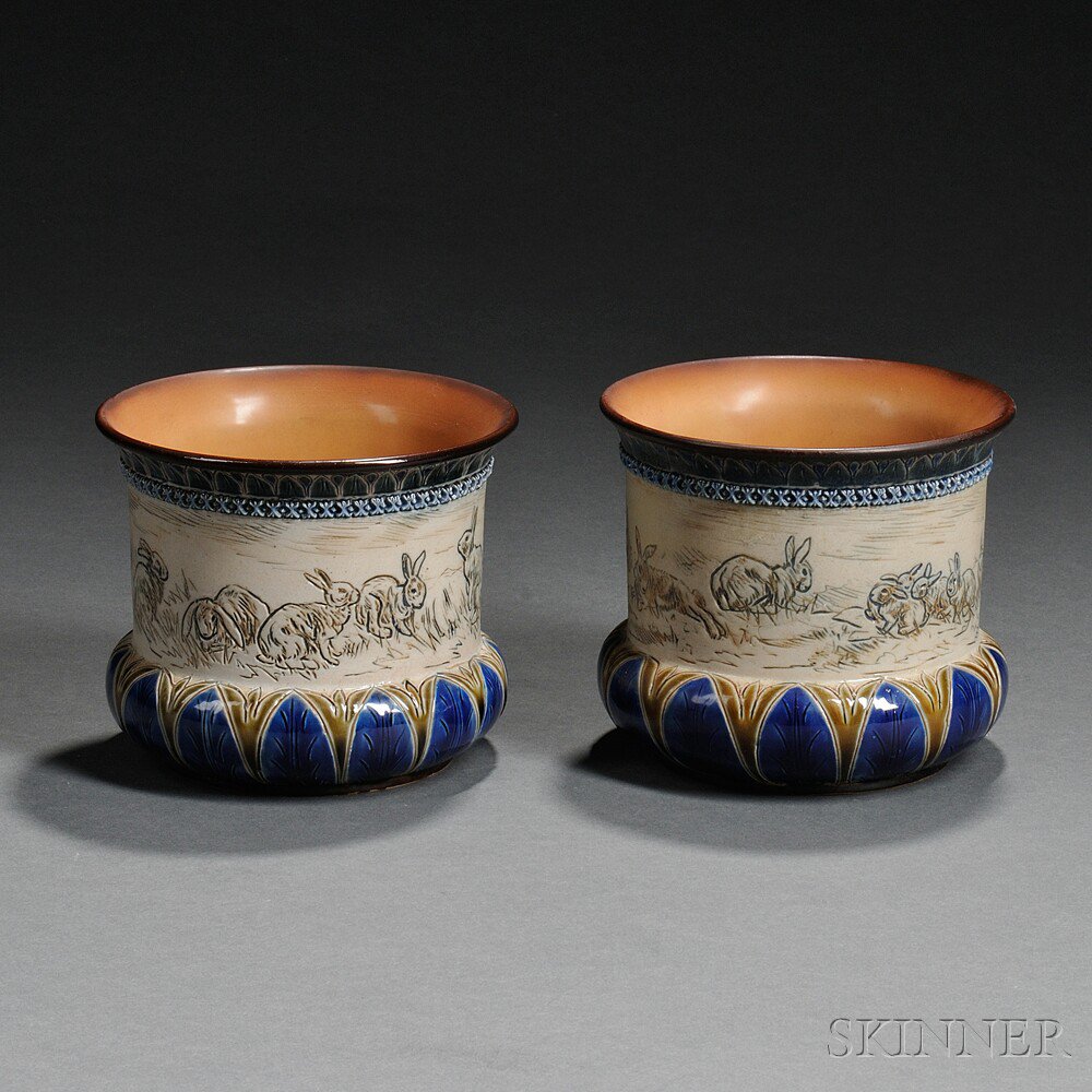 Appraisal: Pair of Doulton Lambeth Hannah Barlow Decorated Stoneware Plant Pots