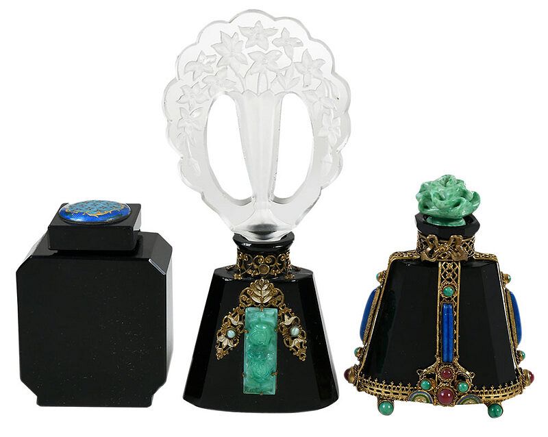 Appraisal: Three Black Glass Perfume Bottles Continental square shaped bottle and