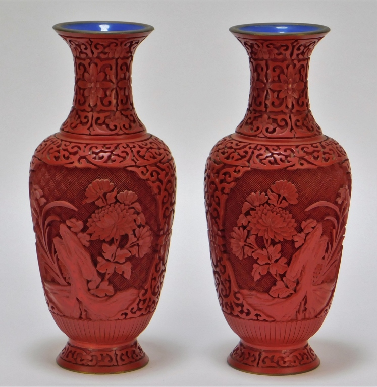 Appraisal: PR CHINESE CARVED LACQUER CINNABAR VASES China th CenturyBaluster forms