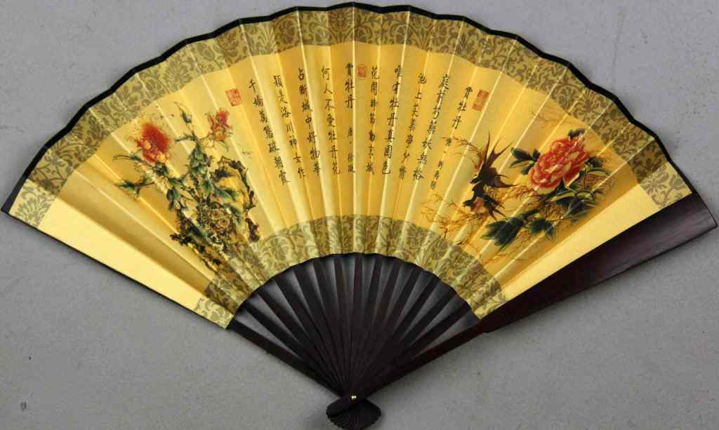 Appraisal: Chinese Hardwood Mounted Fan PaintingFinely painted to depict lotus blossoms