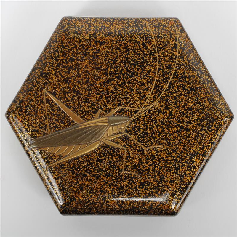 Appraisal: Black Japanese meiji style lacquer hexagonal box with cricket and