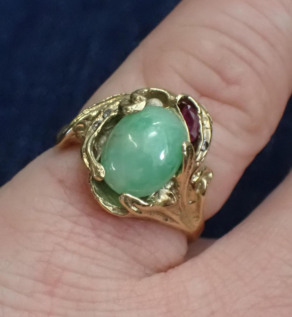 Appraisal: JADE RUBY DIAMOND AND FOURTEEN KARAT GOLD RING with a