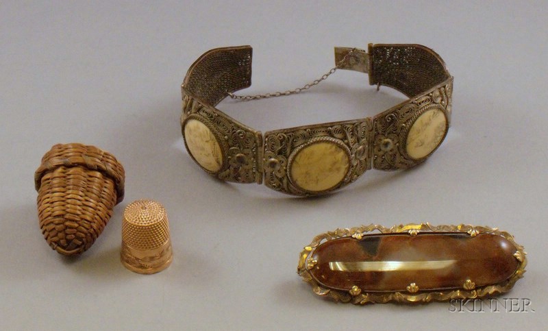 Appraisal: Chinese Filigree Bracelet Agate Brooch and a kt Gold Thimble