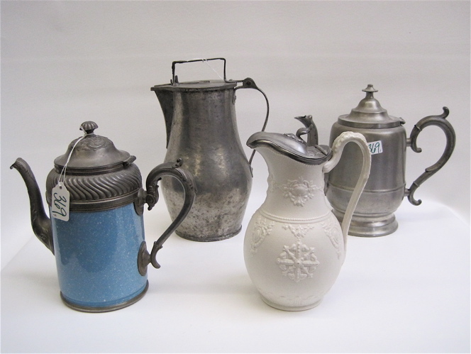 Appraisal: PEWTER AND OR PORCELAIN PITCHERS COFFEE POT pieces including two