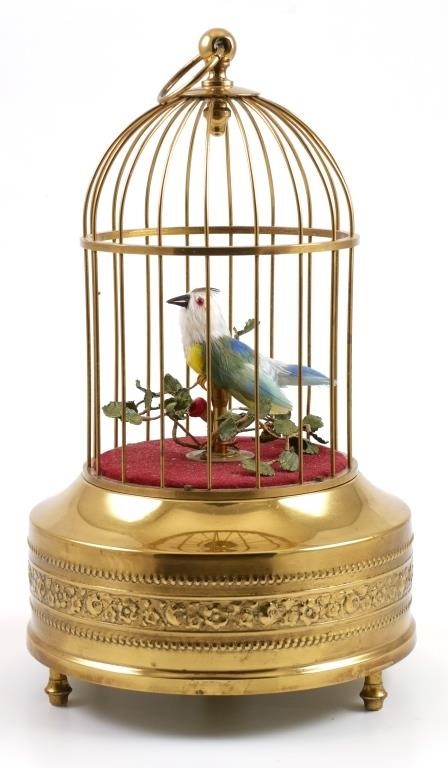 Appraisal: Mechanical automaton clockwork bird in a brass cage Bird moves