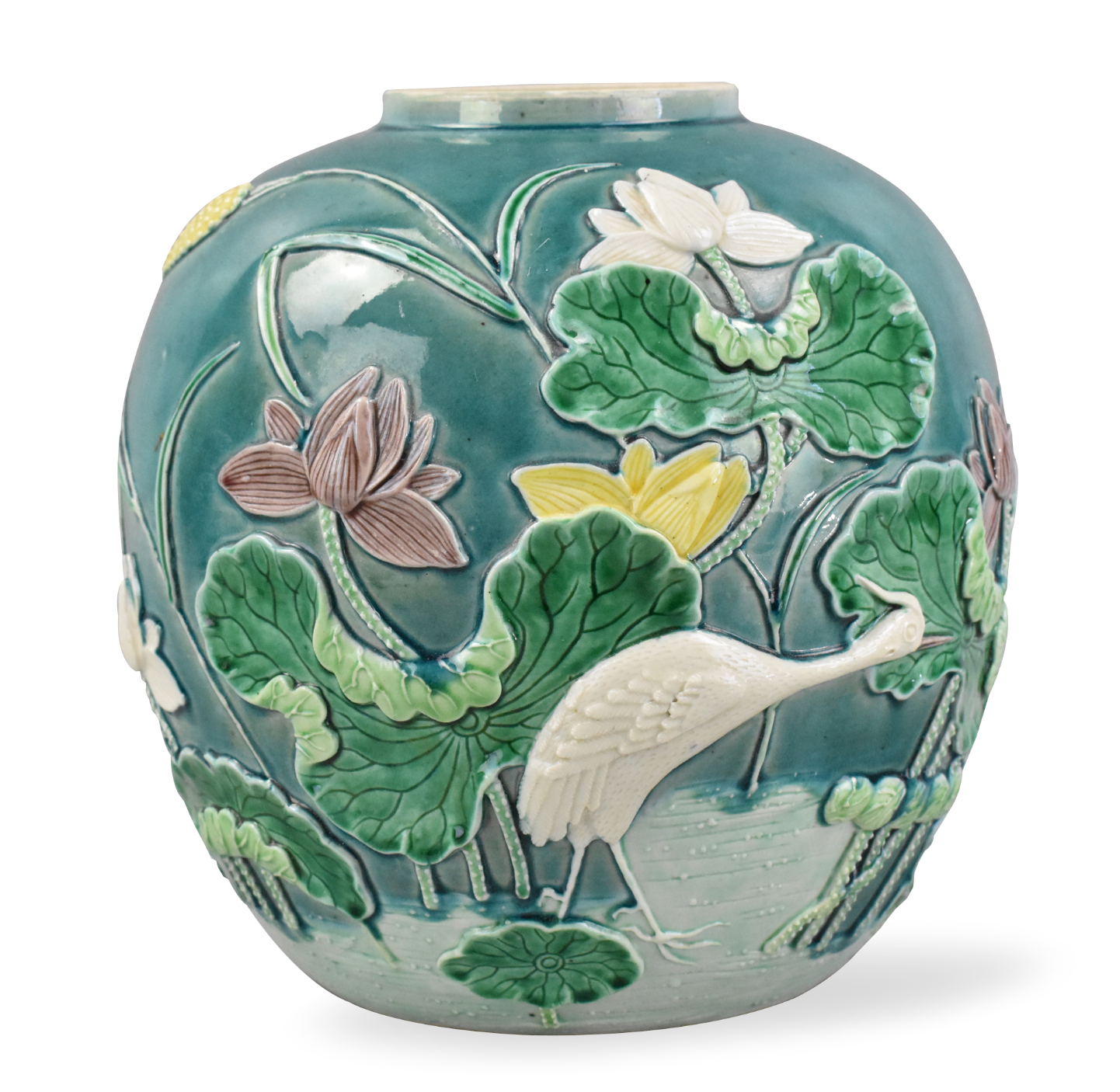 Appraisal: A Chinese sancai glazed jar with crane and lotus flower