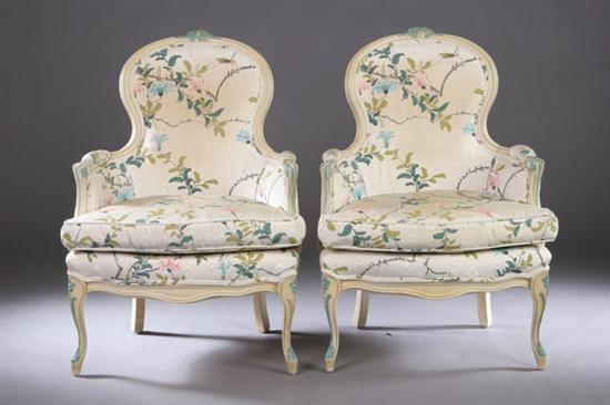 Appraisal: PAIR FRENCH LOUIS XVI-STYLE PAINTED BERGERES th century Each crested