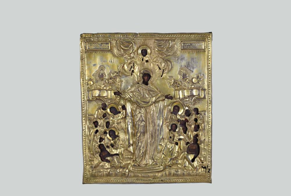 Appraisal: RUSSIAN PAINTED ICON WITH GILT OKHLAD th th Century The