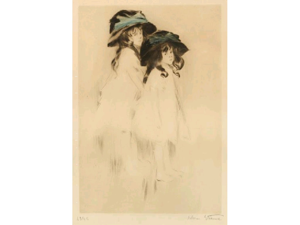 Appraisal: ADRIAN ETIENNE Two young girls peering over their shoulders wearing