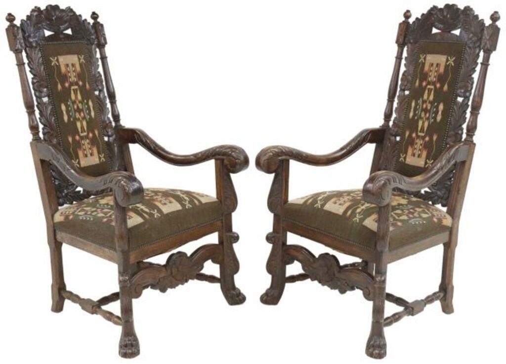 Appraisal: pair Continental carved oak armchairs th c carved crest turned