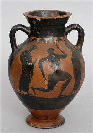 Appraisal: GREEK BLACK FIGURE POTTERY AMPHORA The ovoid -handled bowl with