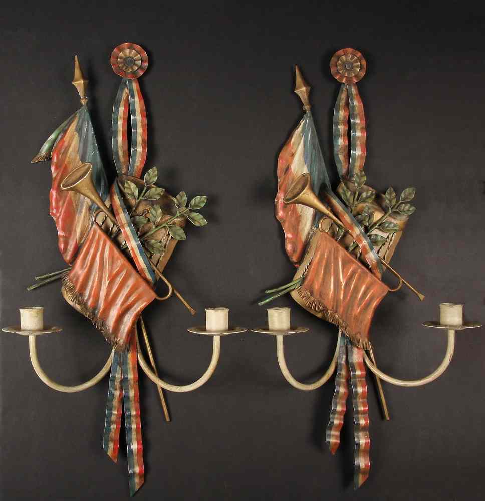 Appraisal: PAIR PAINTED TIN SCONCES - 's Italian Painted Tin Two-