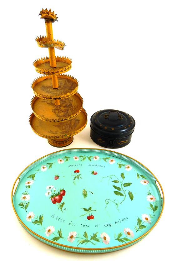 Appraisal: Toleware three pieces round spice box with seven canisters stenciled