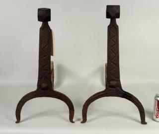 Appraisal: Pair Wrought Iron Andirons Incised Decoration Pair wrought iron andirons