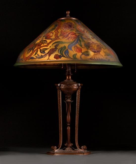 Appraisal: Pairpoint reverse painted glass and patinated metal lamp early th