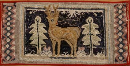 Appraisal: AMERICAN HOOKED RUG Centered by a stag flanked by fir