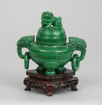 Appraisal: A Carved Malachite Koro Chinese This carved malachite koro has