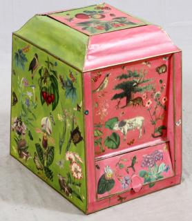 Appraisal: HAND-PAINTED DECOUPAGE TOWEL BIN H W D Decoupage in pink