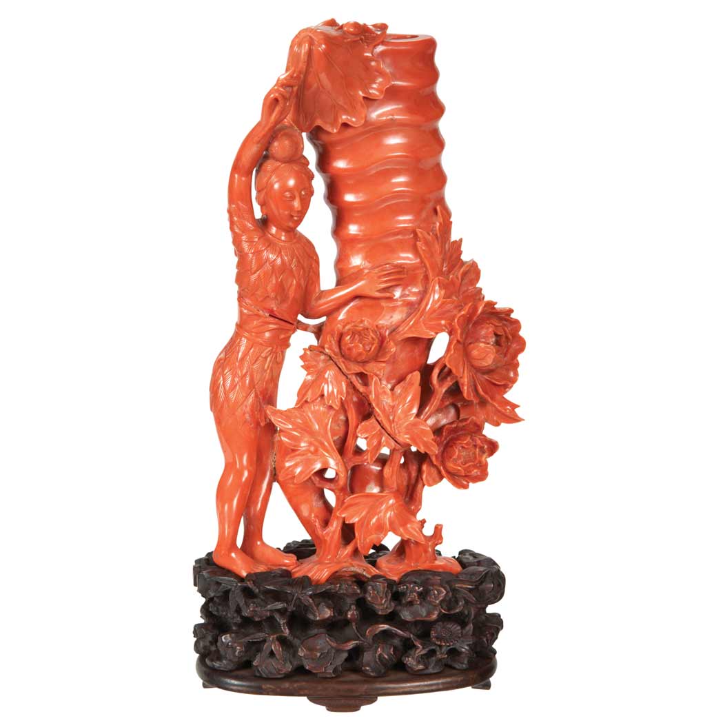 Appraisal: Chinese Coral Figural Group th Century Carved as a woman