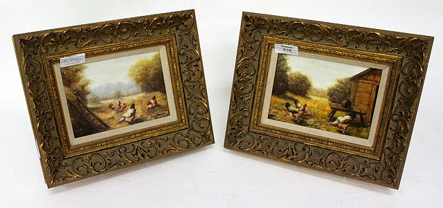 Appraisal: TWO DECORATIVE LATE TH CENTURY PAINTINGS OF CHICKENS both oils