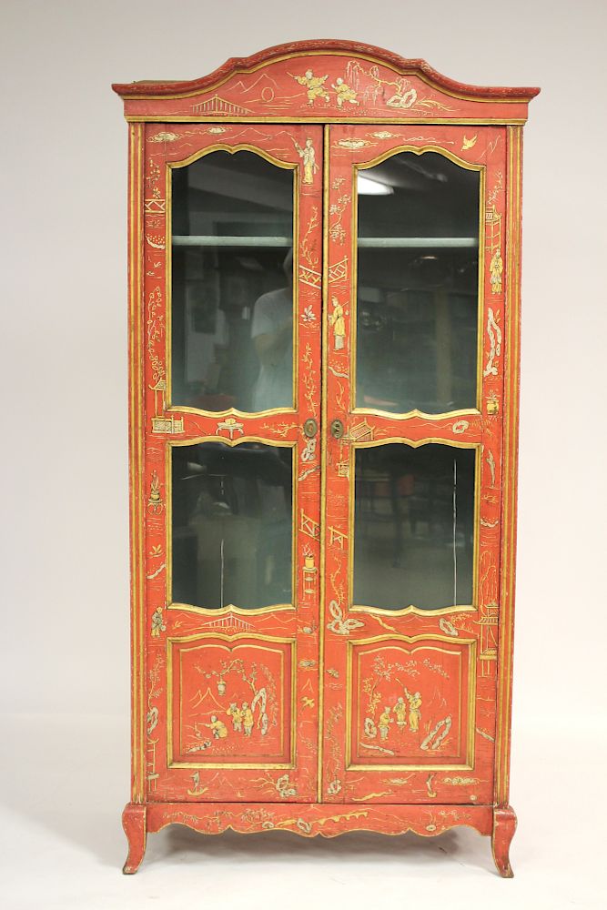 Appraisal: Louis XI Style Red Lacquered Armoire Gilt Chinoiserie late th